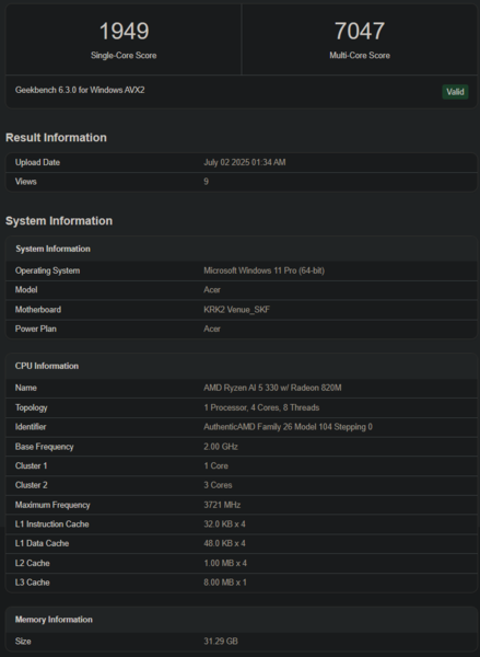 Elenco Geekbench di Ryzen AI 5 330 (fonte: Geekbench)