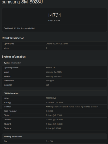 Parametro di riferimento Snapdragon 8 Gen 3 OpenCL (immagine via Geekbench)