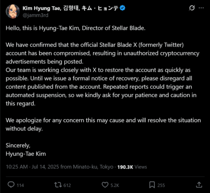 Hyung-Tae Kim ha pubblicato un post sull'hack dell'account Stellar Blade X (fonte immagine: screenshot, account Hyung-Tae Kim X)