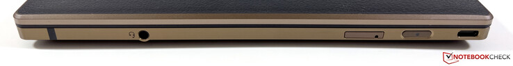 A destra: audio da 3,5 mm, Nano-SIM-Steckplatz, pulsante di accensione, USB-C 4.0 (40 GBit/s, DisplayPort 1.4a, Power Delivery 3.0)