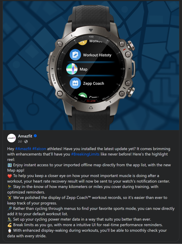 Il registro delle modifiche per l'ultimo aggiornamento dello smartwatch Amazfit Falcon. (Fonte: Amazfit)