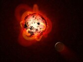 Un'illustrazione che mostra una nana rossa e un pianeta.