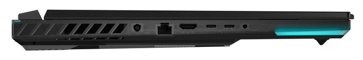 Lato sinistro: alimentazione, Gigabit Ethernet (2,5 Gbit), HDMI, Thunderbolt 4 (USB-C; DisplayPort, G-Sync), USB 3.2 Gen 2 (USB-C; Power Delivery, DisplayPort), porta audio combo