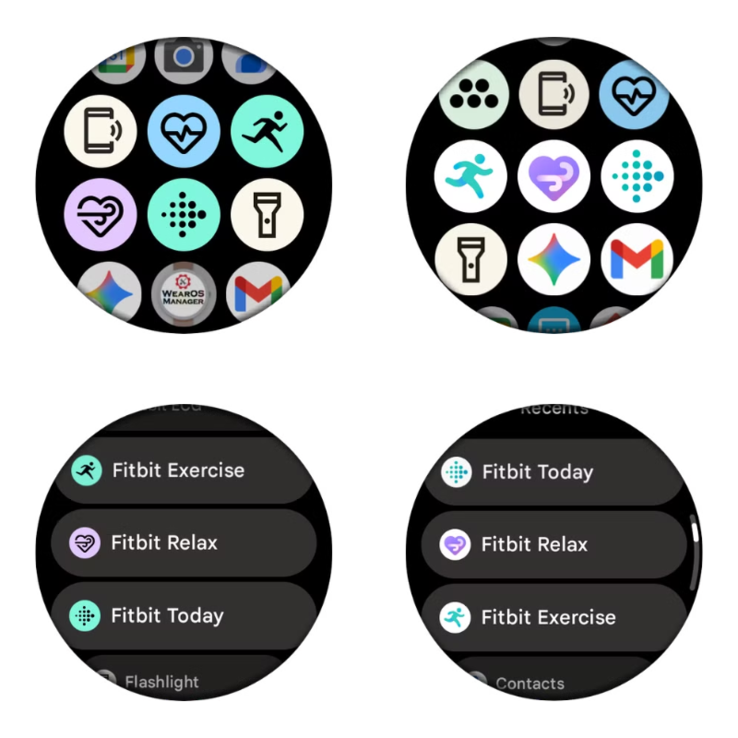 Le vecchie (a sinistra) e le nuove (a destra) icone delle app Fitbit per WearOS. (Fonte: Android Police, modificato)