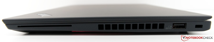 Lato destro: Lettore SmartCard, scarico ventola, USB tipo A 3.1 (Gen.1, sempre acceso), slot per blocco di sicurezza