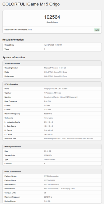 RTX 5060 laptop Punteggio Geekbench OpenCL (fonte: Geekbench)