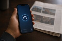Una mano regge uno smartphone su cui è visibile l’icona di un chatbot; accanto ad esso giace un giornale cartaceo.
