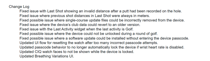 Le note di rilascio del software di sistema 6.58 per gli orologi Garmin Approach S44 e S50. (Fonte: Garmin)