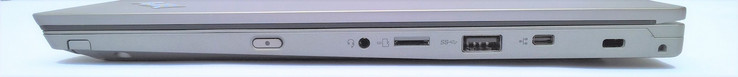 Lato Destro: pulsante accensione, audio combo, slot microSD-card, 1x USB 3.0 Type-A, miniEthernet, Kensington lock