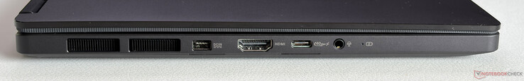 A sinistra: Alimentazione, HDMI 2.1 FRL, USB-C 4.0 (40 Gbps, DisplayPort, alimentazione), jack per cuffie da 3,5 mm