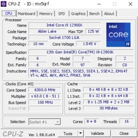 Intel Core i9-12900K. (Fonte immagine: CPU-Z Validator)