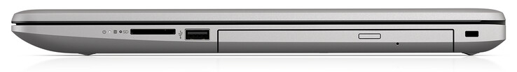 A destra:(SKU con ODD): lettore schede SD, USB 2.0 Type-A, drive ottico, lock