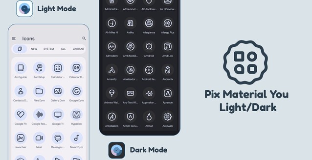 Pix Material You ha icone a tema che supportano colori dinamici, con icone anche per le app più oscure (Fonte: PashPuma Design)