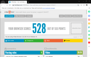 Il browser ha ottenuto 528 punti su 555 (fonte: Screen grab di html5test.com)