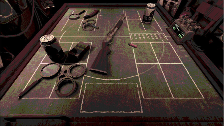 Una schermata di Buckshot Roulette che mostra gli oggetti randomizzati del gioco. (Fonte immagine: Steam)