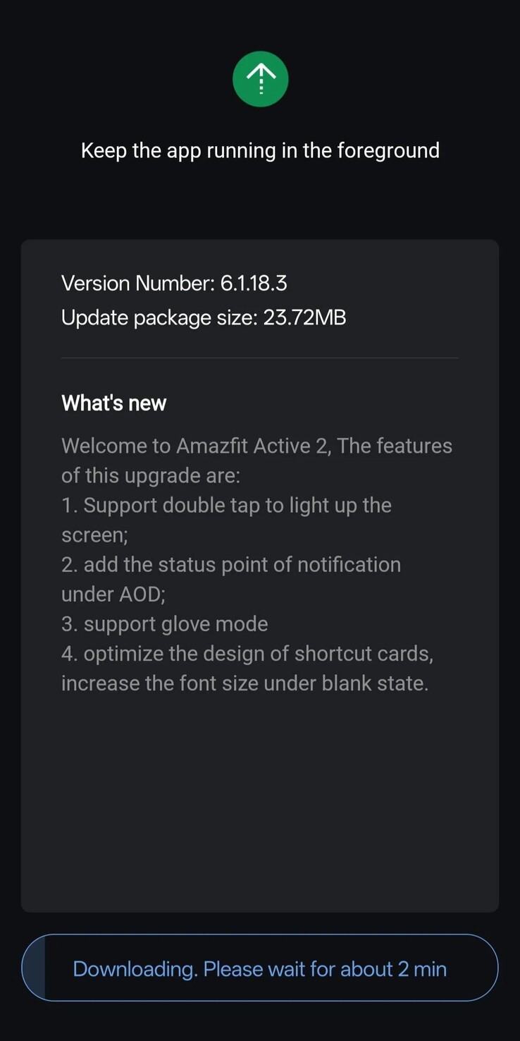 Le note di rilascio della versione software 6.1.18.3 per Amazfit Active 2. (Fonte immagine: u/cliffr39 via Reddit)