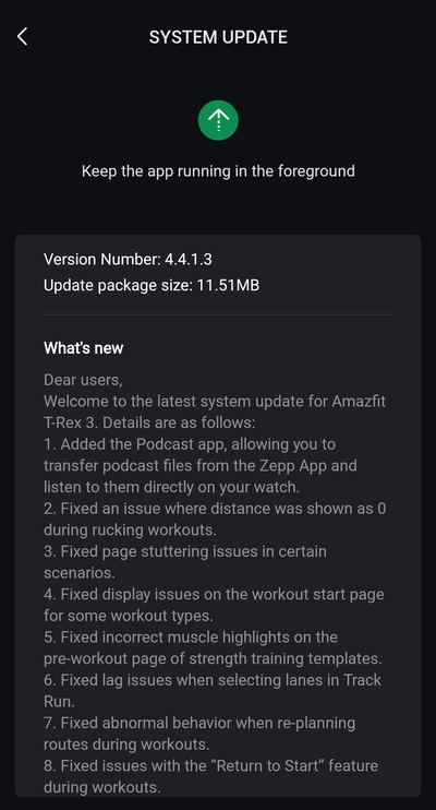 Le note di rilascio della versione software 4.4.1.3 per Amazfit T-Rex 3. (Fonte immagine: u/Ech0ke via Reddit)