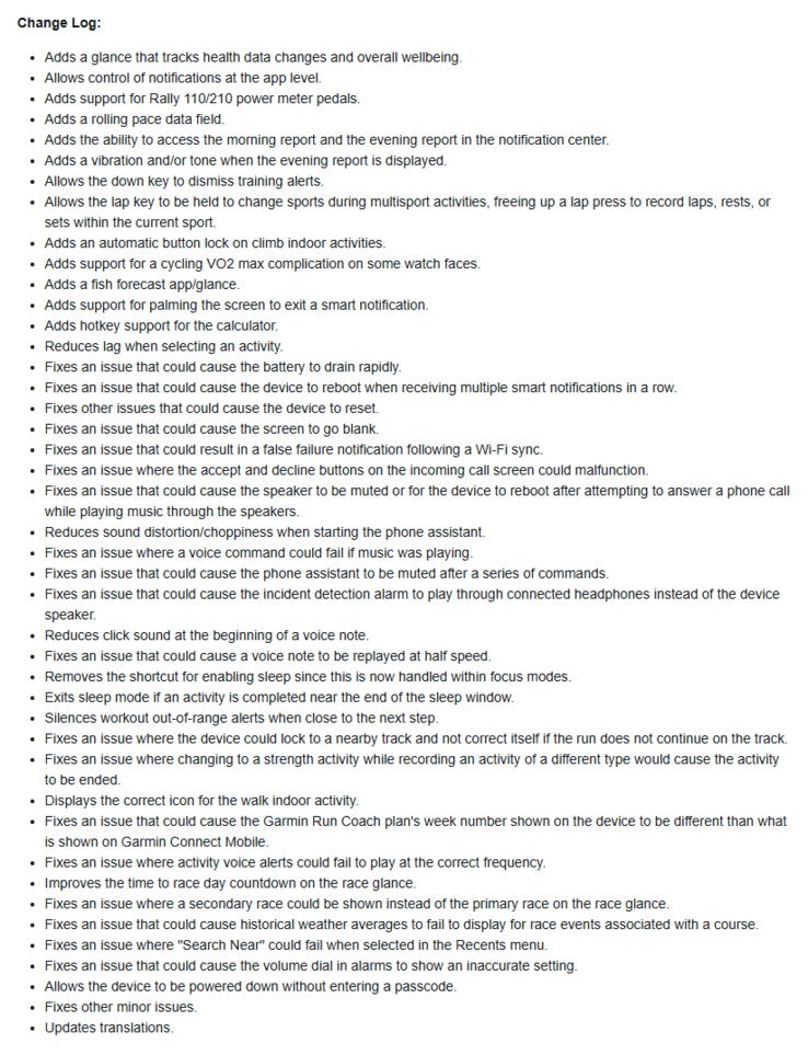 Il registro delle modifiche per la versione software 15.16 dello smartwatch Garmin Forerunner 970. (Fonte: Garmin)