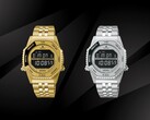 Il Seiko Rotocall HFL003P in oro e l’HFL002P in acciaio inossidabile, esposti fianco a fianco su uno sfondo nero, sono entrambi dotati di schermo LCD in negativo, lunetta girevole e bracciale integrato in acciaio inossidabile.