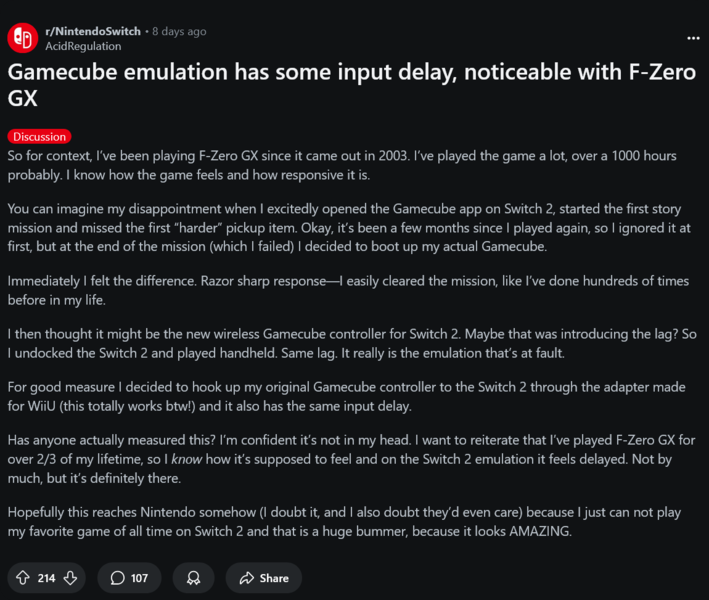 Reclami sull'emulatore GameCube di Switch 2 (Fonte immagine: screenshot, subreddit Nintendo Switch)