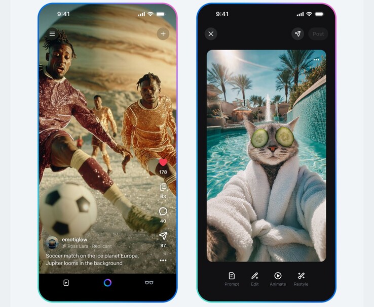 Il feed video di Meta Vibes AI mostra una partita di calcio generata dall'AI su Europa e un selfie con un gatto in accappatoio da spa a bordo piscina. (Fonte: Meta)