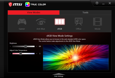 MSI True Color. L'impostazione sRGB non è del tutto affidabile e il display non è calibrato in fabbrica