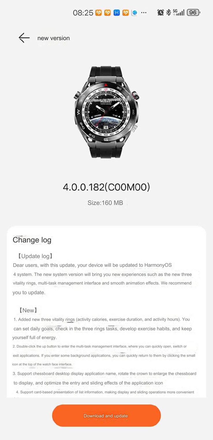 Parte del registro delle modifiche per la versione software 4.0.0.182(C00M00) di Huawei Watch Ultimate. (Fonte immagine: Huawei Central via Google Translate)
