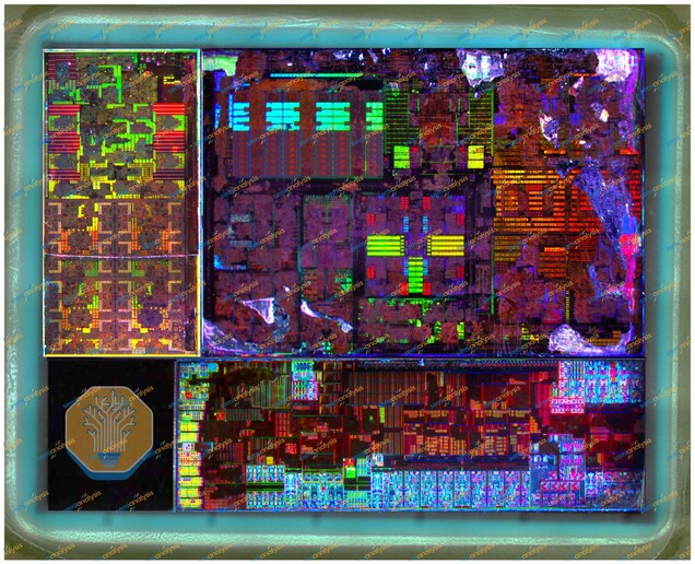 Una foto del die completo di un processore Panther Lake. Il design combina moduli separati per elaborazione, grafica e I/O.