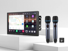 L&#039;unità principale Atoto V10 a doppio DIN con il kit microfono wireless AC-MICW2 opzionale porta il karaoke in auto. (Fonte: Atoto)