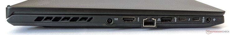 Lato sinistro: Presa di alimentazione, uscita HDMI 2.0b, porta Gigabit Ethernet, una porta USB-A 3.2 Gen 2, una porta Thunderbolt 4, una porta USB-C 3.2 Gen 2 (con supporto per DP 1.4 e PD 3.0), jack combinato per cuffie/microfono da 3,5 mm