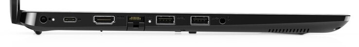 Lato Sinistro: alimentazione, USB 3.2 Gen1 Type-C, HDMI, Gigabit Ethernet, 2x USB 3.2 Gen 1 Type-A, jack combinato da 3.5 mm cuffie e microfono