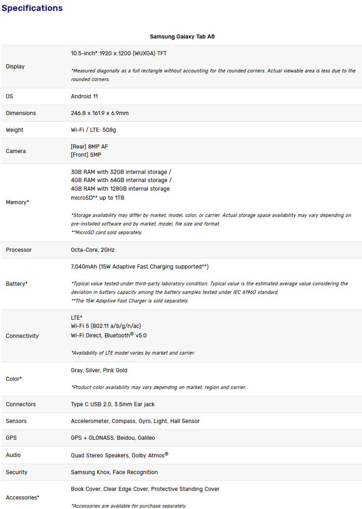 Samsung Galaxy Tab A8 specifiche (immagine via Samsung)