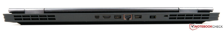 Lato posteriore: scarico ventola, Mini DisplayPort 1.4a, HDMI 2.0, USB 3.1 Gen 2, RJ45, USB 3.1 Gen 1, alimentazione, security keyhole, scarico ventola