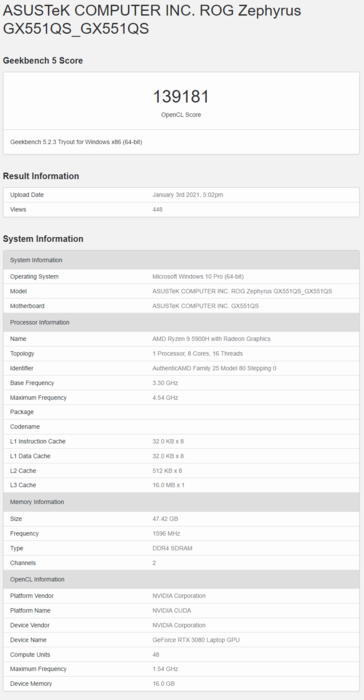 Asus ROG Zephyrus Duo GX551QS con Ryzen 9 5900H ed RTX 3080 Mobile su Geekbench. (Fonte: Geekbench)