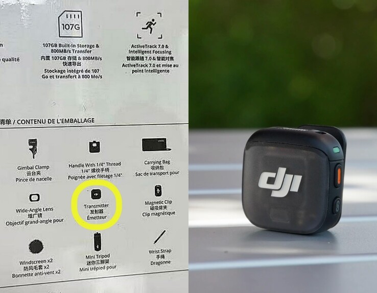 Presunta scatola di vendita di DJI Osmo Pocket 4 (a sinistra). DJI Mic 3 (a destra).