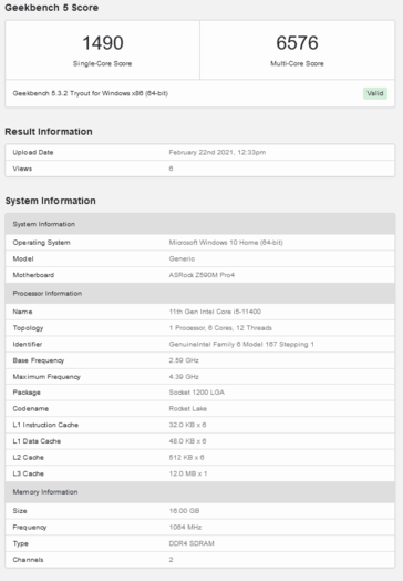 Intel Core i5-11400 esecuzione Geekbench (immagine tramite Geekbench)