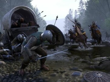 Scena di battaglia da Kingdom Come: Deliverance che mostra soldati corazzati in un'imboscata vicino a un carro in acque poco profonde.