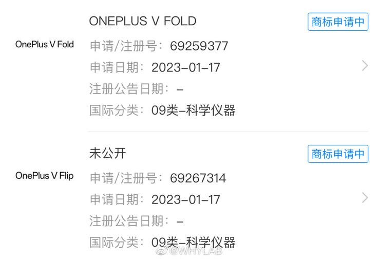 Le domande di registrazione del marchio per i primi dispositivi pieghevoli di OnePlus sarebbero state pubblicate online. (Fonte: WHYLAB via Weibo)