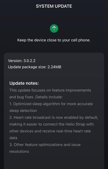Le note di rilascio della versione software 3.0.2.2 per l'Amazfit Helio Strap. (Fonte immagine: u/Secure-Carrot9971 via Reddit)