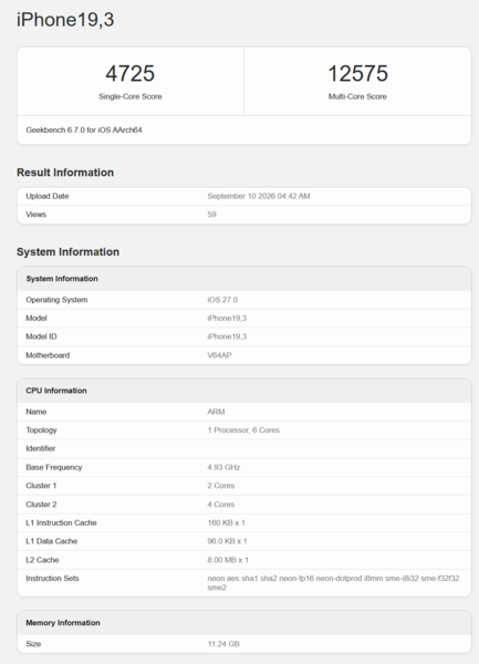 CPU Apple A20 Pro Geekbench 6.7