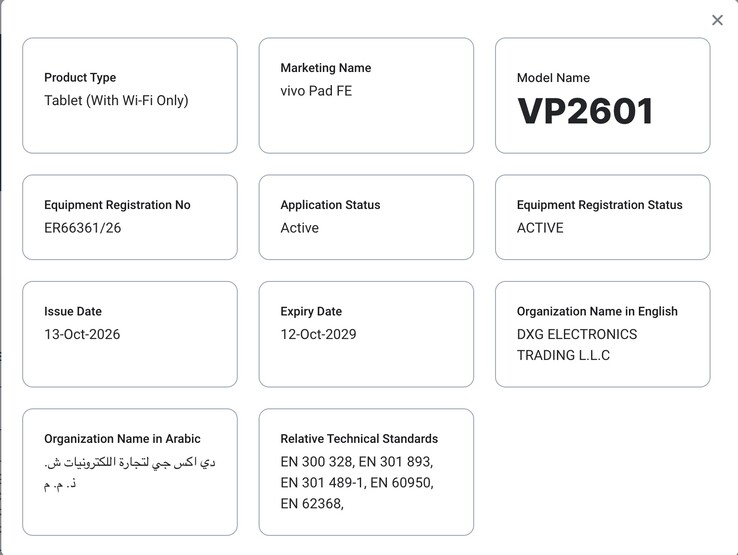 Registrazione TDRA del Vivo Pad FE.