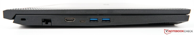 A sinistra: slot Kensington lock, RJ45 Ethernet, HDMI, USB Type-C, 2x USB 3.0 Type-A