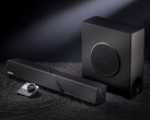 Il sistema di altoparlanti da scrivania costa circa 548 dollari in Cina. Nella foto: un’immagine promozionale che mostra la soundbar, il woofer e il telecomando.
