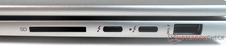 A destra: 1x SuperSpeed USB Type-A 10 Gbit/s, 2x Thunderbolt 4 con velocità di trasferimento USB 4 Type-C 40 Gbit/s (alimentazione USB, DisplayPort 1.4, HP Sleep and Charge), 1x lettore di schede SD