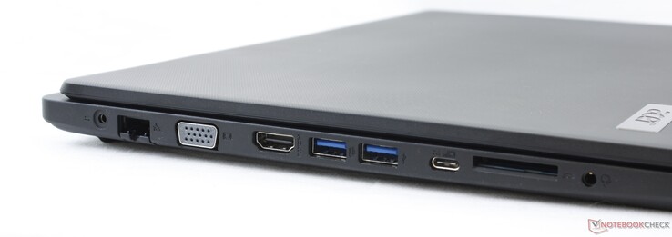 A sinistra: adattatore AC, Gigabit RJ-45, uscita VGA, HDMI, 2x USB-A 3.1 Gen. 1, USB-C 3.1 Gen. 1, lettore SD, 3,5 mm combo audio