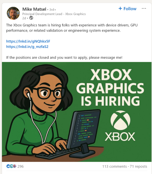 L'annuncio di lavoro di Mike Matsel su LinkedIn per la posizione di grafico Xbox (fonte: account Mike Matsel su LinkedIn)