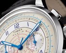 Primo piano del quadrante color crema del cronografo Timex Marlin Neo Classic, caratterizzato da lancette blu e numeri arabi, indicatori rossi del tachimetro e una scala telemetrica blu lungo il bordo esterno.