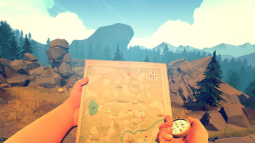 Immagine del gioco Firewatch che mostra una mappa e una bussola. (Fonte: Steam)