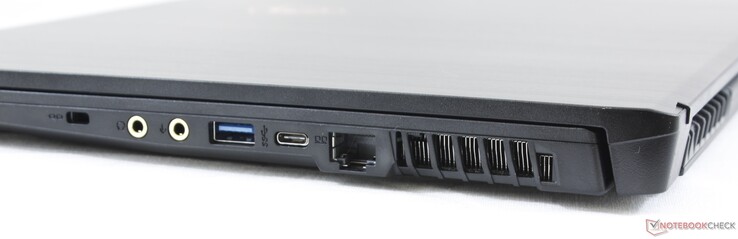 A destra: Kensington Lock, cuffie 3.5 mm, microfono 3.5 mm, USB 3.2 Gen. 1 Type-A, USB 3.2 Gen. 2 Type-C, RJ-45