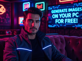 Immagine generata dall'AI di un uomo con una giacca cyberpunk illuminata al neon, seduto su un divano in un club elegante. Una TV alle sue spalle recita: "GENERA IMMAGINI SUL TUO PC GRATUITAMENTE" (Fonte immagine: AI Generated)